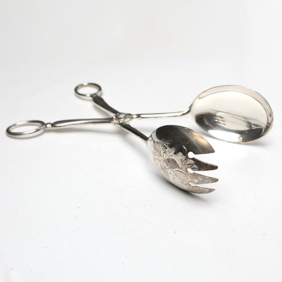 Vintage Silver Plate Salad Tongs Dinner Party Italy EP Zinc Retro Serve Ware MCM - Picture 1 of 12